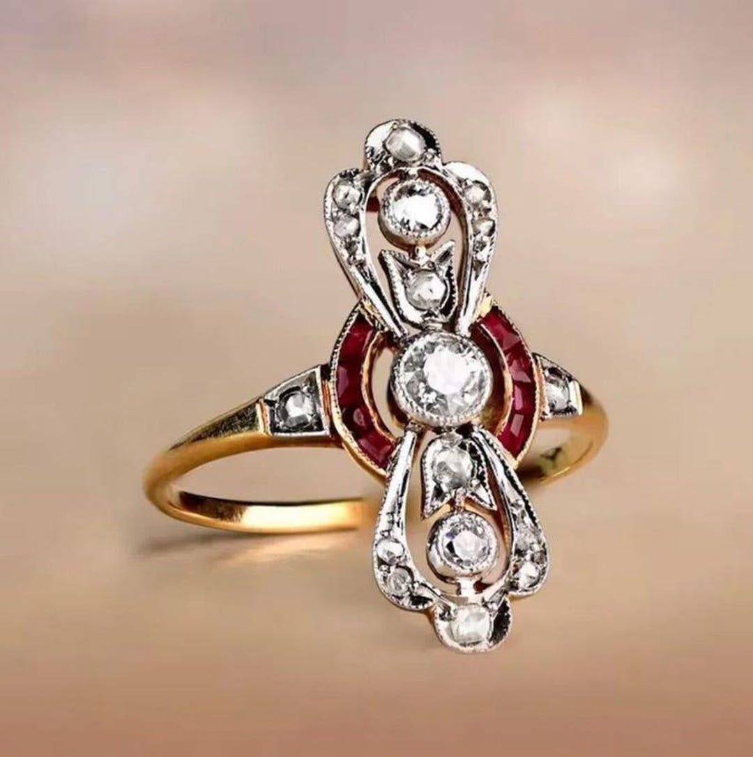 Circa 1900 Antique Edwardian Style Long Finger Ring, Ruby Baguette ...