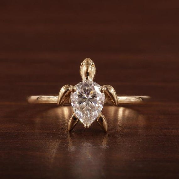 14k Gold FN Tortoise Ring, Turtle Ring Dainty Carat Pear Cut