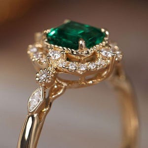 Vintage Lab Created Diamond and Green Emerald Wedding 14k Yellow Gold Finish Ring For Her