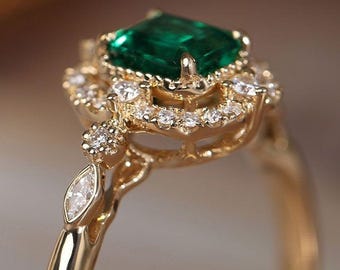 Vintage Lab Created Diamond and Green Emerald Wedding 14k Yellow Gold Finish Ring For Her