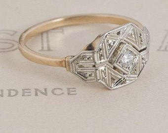 Vintage Style, Art Deco Lab created Diamond Solitaire Ring, Wedding Ring, In 925 Sterling Silver With 10K Gold Plated Ring