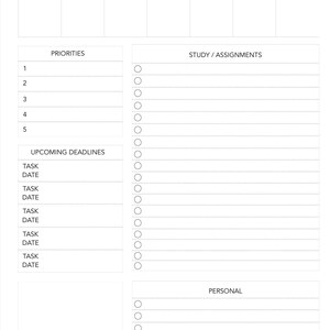 Peut inclure: Un mod&egrave;le de plan d'&eacute;tude hebdomadaire blanc avec des sections pour chaque jour de la semaine, les priorit&eacute;s, les devoirs, les &eacute;ch&eacute;ances &agrave; venir et les t&acirc;ches personnelles. Le haut de la page porte la mention "WEEKLY STUDY PLAN" et "WEEK OF:" avec un espace pour remplir la semaine.