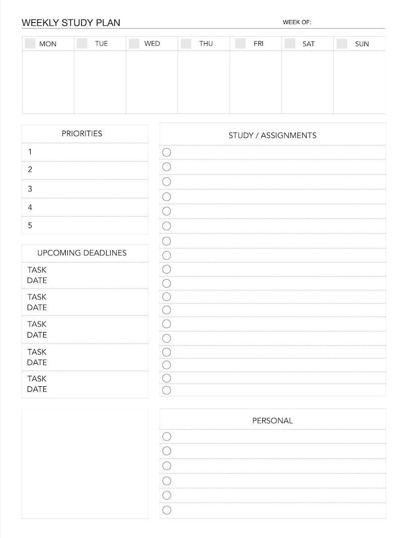 Peut inclure: Un mod&egrave;le de plan d'&eacute;tude hebdomadaire blanc avec des sections pour chaque jour de la semaine, les priorit&eacute;s, les devoirs, les &eacute;ch&eacute;ances &agrave; venir et les t&acirc;ches personnelles. Le haut de la page porte la mention "WEEKLY STUDY PLAN" et "WEEK OF:" avec un espace pour remplir la semaine.