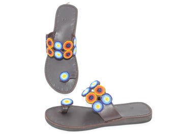 Handmade Maasai Kenyan Leather Beaded Sandals – African Boho Style Size 38