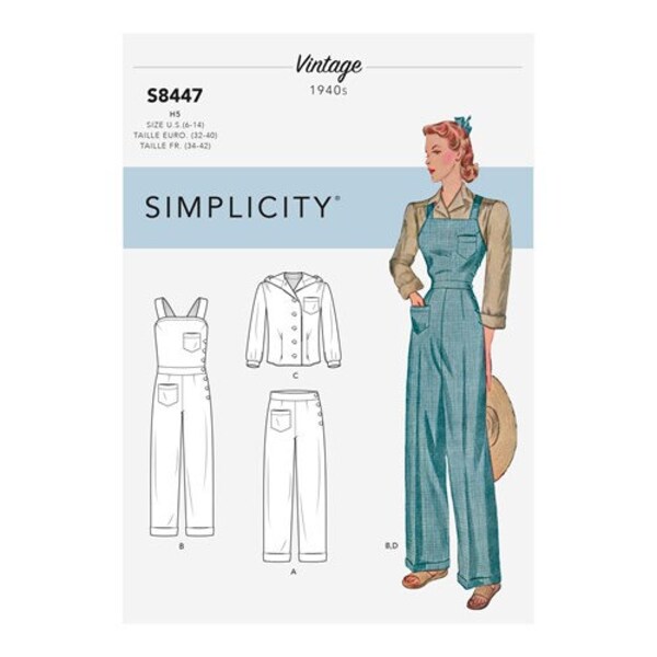 Simplicity Sewing Pattern S8447 Misses' Vintage Pants, Overalls and Blouses