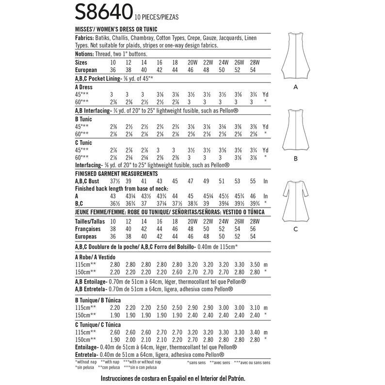 Simplicity Sewing Pattern S8640 Misses /women s Dress or Tunic Etsy