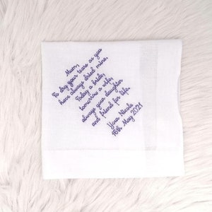Your custom wording, Up to 30 words, Mother of the Bride, embroidered hankie, wedding handkerchief, wedding hankerchief, wedding gift