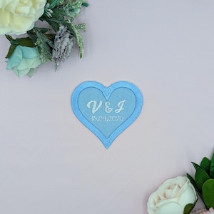 Algo azul, parche de corazón personalizado para vestido de novia, novia, para coser, planchar, personalizable, novio, novia, ceremonia, tradicional