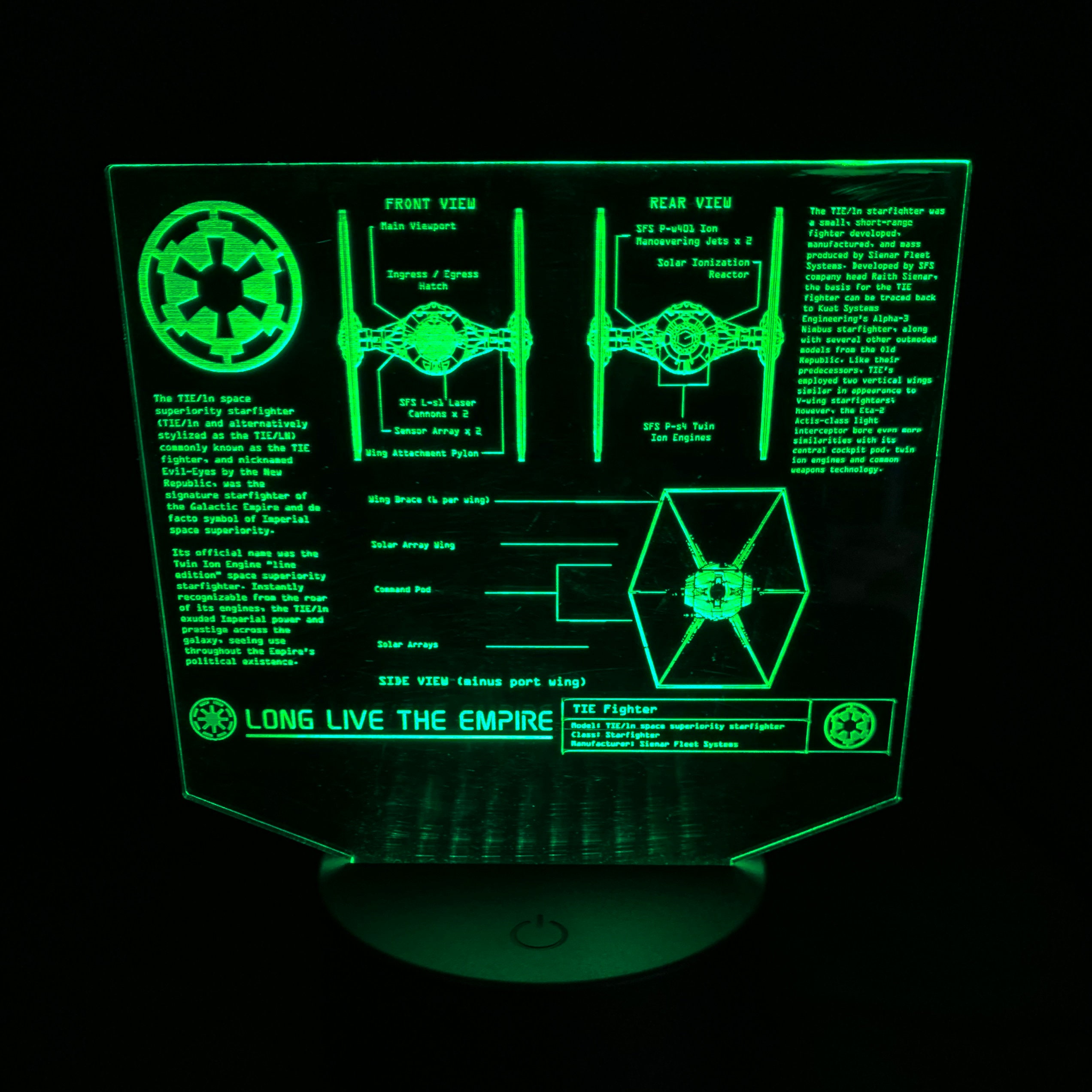 Star wars, Tie fighter, LED, Acrylic, Sign, Light, Edge lit, Nightlight, Gift for him, Gift for her, Self gift, Kids gift