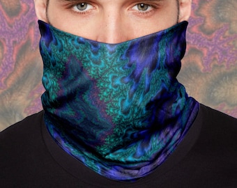 Trippy Face Mask: Festival Mask, Neck Gaiter, Heady Mask, Rave Mask, Psychedelic, Face Buff, Burning Man, Dust Mask // Feathery Fractal Blue