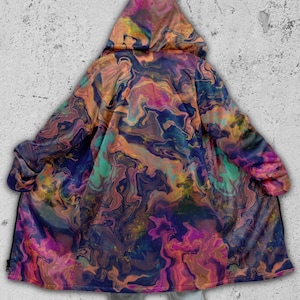 Psychedelic Hooded Cloak with Hood, Trippy Colorful Rave Festival Coat, Unisex Zip Up Jacket / Liquified Abyss
