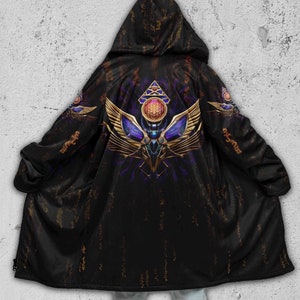 Black Spiritual Raver Cloak • Occult Magick Festival Jacket With Hood • Visionary Cloak // Golden Scarab