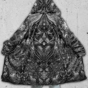 Spiritual Rave Cloak with Double Zipper • Sacred Geometry Festival Coat With Hood Zip Up Hoodie | The Cosmic Cross Gray