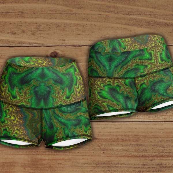 Green Yoga Shorts: Festival Rave Workout Gym Shorts, Psychedelic High Waist, Low Rise // Feathery Fractal