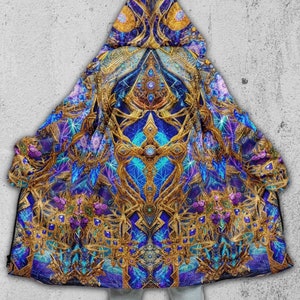 Spiritual Festival Wizard Cloak with Double Zipper • Sacred Geometry Rave Coat With Hood • Visionary Zip Up Hoodie | The Cosmic Cross