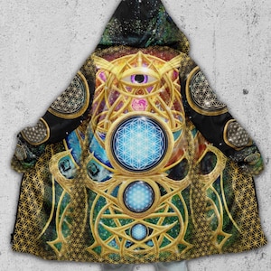 Gold Trippy Festival Cloak • Spiritual Rave Coat With Hood • Sacred Geometry Zip Up Hoodie • Visionary Cloak | Mystic Eye