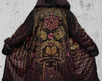 Manto de Festival Mágico, Capa Espiritual de Mago para Rave, Casaco com Capuz para Rave Pagã com Tarô - Visão Enoquiana Vermelho