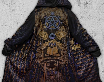 Manto Mágico com Capuz para Mago • Manto para Festivais Espirituais • Moletom com Capuz para Bruxa Pagã do Tarô - Visão Enoquiana Azul