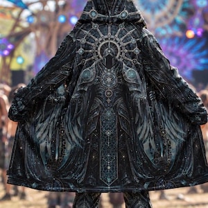 May include: A black hooded cloak and matching trousers featuring an intricate, symmetrical white and teal geometric pattern. The design includes a central sunburst motif on the back, radiating lines, and detailed filigree elements across the fabric.