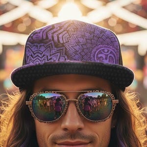 May include: A person wearing a purple patterned hat and gold-rimmed sunglasses with a crowd reflected in the lenses. The person has long, wavy brown hair with purple highlights. The background is a blurred outdoor event.