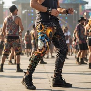 May include: A person wearing a black tank top, sunglasses, and patterned pants with a colorful, abstract design. The pants feature a mix of orange, blue, and green elements. Black boots complete the outfit. The background shows a crowd at an outdoor event.