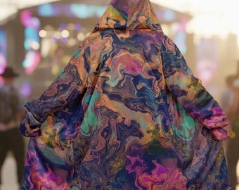 Psychedelic Hooded Cloak, Trippy Rave Festival Coat, Unisex Zip Up Jacket