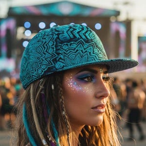 May include: A woman wearing a teal and black patterned baseball cap. Her face is decorated with glitter makeup, and her hair has colourful dreadlocks. The background shows a crowd at an outdoor event.