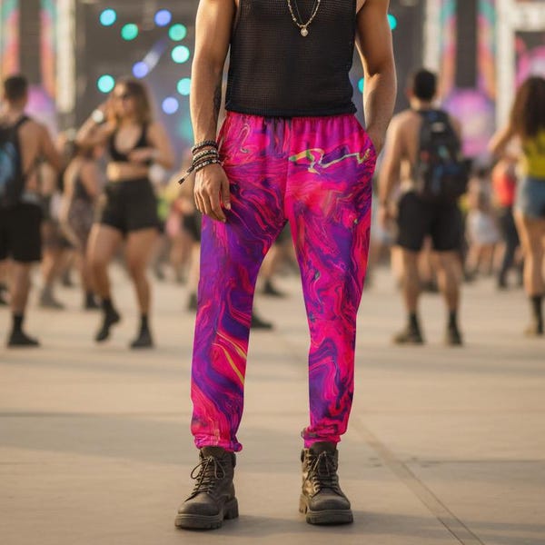 Joggers rosas, joggers para festivales, pantalones rave, ropa rave, psicodélica, punk, para fiestas, moda raver para hombre // Pink Melted Oasis