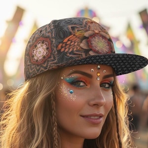 May include: A patterned baseball cap with a black peak. The cap has a colourful design with floral and geometric elements. The person in the image has long, wavy blonde hair and is wearing colourful makeup with glitter.