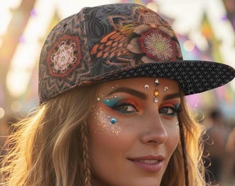 Gorra naranja Snapback, gorra de visera plana para festivales rave con la Flor de la Vida Espiritual, atrapa ángeles