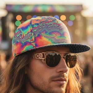 Peut inclure: Une personne portant une casquette de baseball aux motifs psychédéliques colorés et des lunettes de soleil à monture dorée avec des verres foncés. La casquette présente un mélange de couleurs arc-en-ciel.
