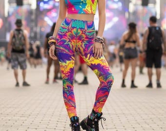 Leggings de yoga arcoíris • Pantalones para festivales • Pantalones coloridos de rave psicodélica // Cuadros