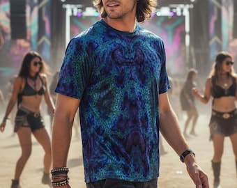 Camiseta psicodélica azul, top psicodélico para festivales rave, camiseta de terciopelo aplastado / Fractal con plumas