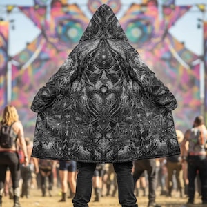 Capa Rave Espiritual • Abrigo con Capucha para Festival de Geometría Sagrada (Cruz Cósmica Gris)