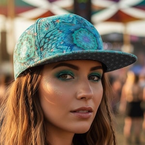 Rave Snapback-keps • Visionär keps med livets blomma • Berusande hattgåva • Spirituell festivalhatt med platt näbb // Änglafångare ljusblå keps