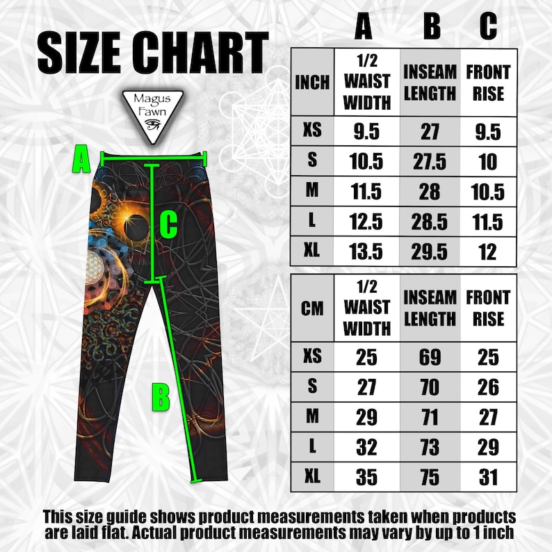 Puede incluir: Leggings negros con un dise&ntilde;o abstracto y colorido. La imagen incluye una tabla de tallas con medidas en cent&iacute;metros para el ancho de la cintura, la longitud de la entrepierna y el tiro delantero. El texto en la tabla es "SIZE CHART".