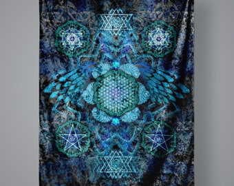 Crushed Velvet Tapestry, Alchemy Wall Art, Sacred Geometry Wall Tapestry, Trippy Psychedelic Tapestry, Blue Angel Catcher