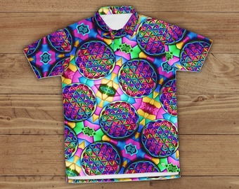 Polo pour homme, tee-shirt avec col, chemise en tricot psychédélique du festival Rave / Fleur de vie kaléidoscopique