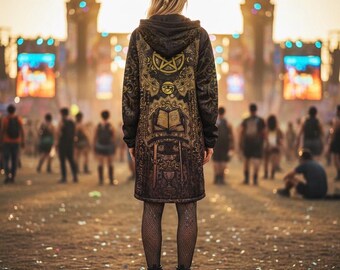 Manto com Capuz de Magia Dourada • Túnica de Mago para Festivais Espirituais • Casaco com Capuz para Raves Pagãs com Tarô - Visão Enoquiana