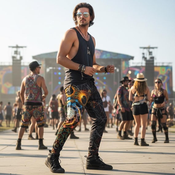 Psychedelic Solar Eclipse Joggers for Men, Trippy EDM Festival Jog Pants, Unisex Rave Bottoms