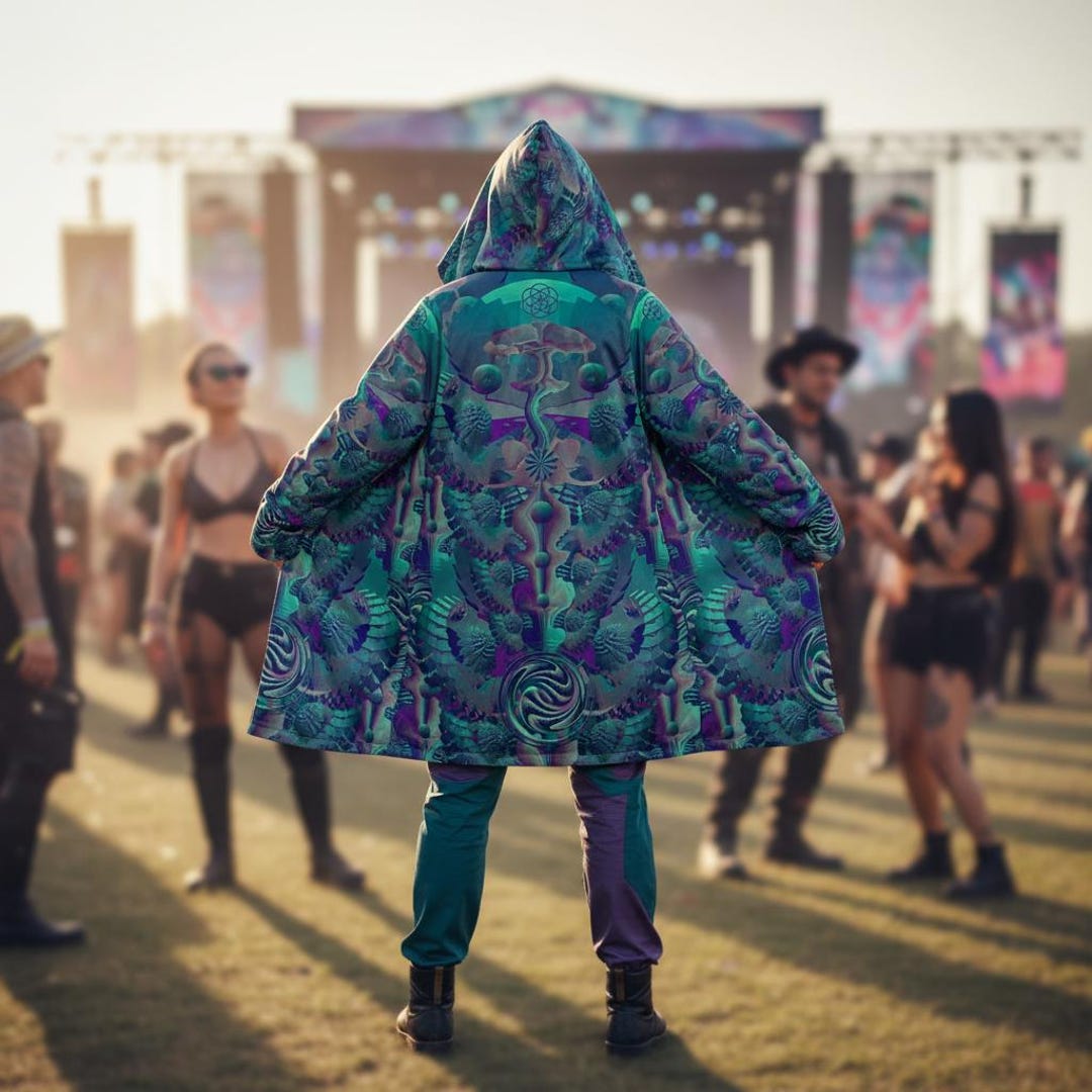 Wizard Dancing Rave Teal Festival Hooded Wizard Cloak • Psychedelic Rave Zip up Coat Jacket ...