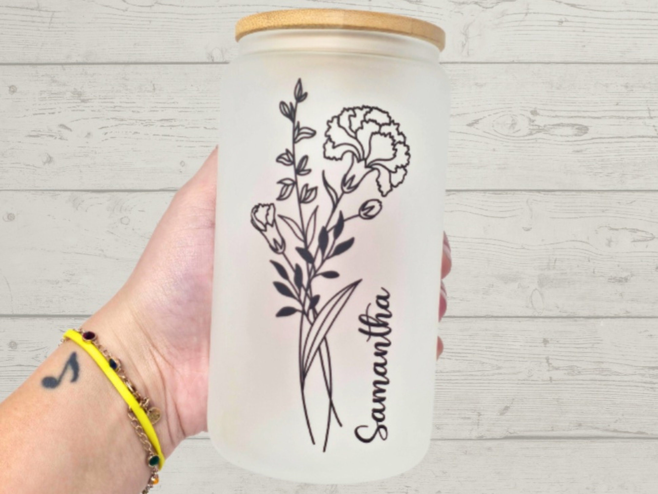 Tumber for Bridesmaid Proposal, Birth Flower Customized Glass Tumbler,  Frosted Glass Tumbler, Bamboo Lid Coffee Cup, Maid of Honor Gift 