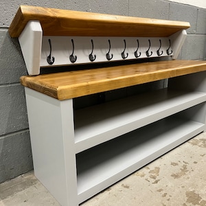 FARROW & BALL Industrial/rustic shoe bench and coat rack storage with seat for mud room, boot room, hallway, entryway