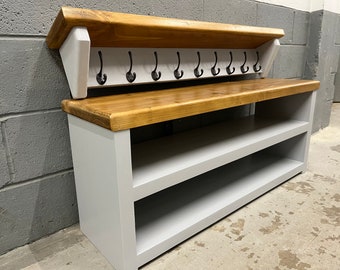 FARROW & BALL Industrial/rustic shoe bench and coat rack storage with seat for mud room, boot room, hallway, entryway