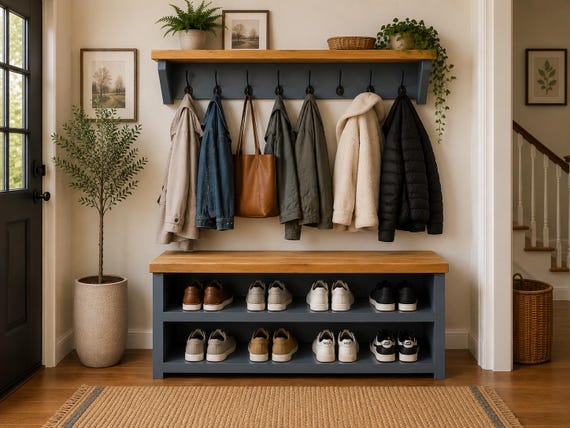 Shoe Bench with Coat Rack - Farrow & Ball Rustic Pine