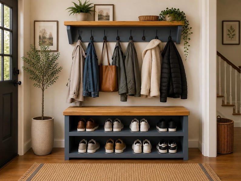 Puede incluir: Un mueble de entrada montado en la pared con un marco de madera azul oscuro, una repisa superior de madera natural y un banco a juego con dos niveles de almacenamiento abiertos. Incluye ocho ganchos de metal negro con varios abrigos y un bolso.