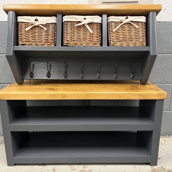 FARROW & BALL Industrial/rustic shoe bench and coat rack storage