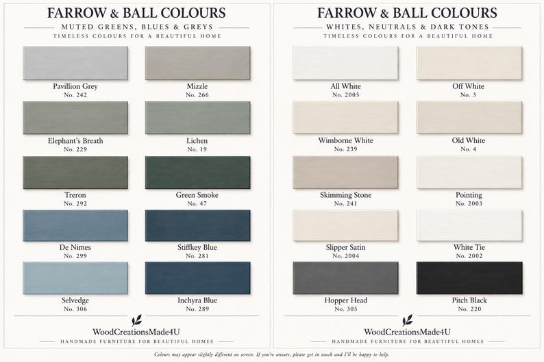 Puede incluir: Una carta de colores Farrow & Ball con dos columnas de muestras de pintura rectangulares. El lado izquierdo muestra verdes, azules y grises apagados, mientras que el derecho presenta blancos, neutros y tonos oscuros, etiquetados con nombre y n&uacute;mero.