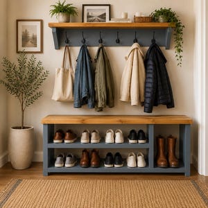 Farrow & Ball Boot and Shoe Bench with Coat Rack - Tall Boot Storage - Rustic Pine