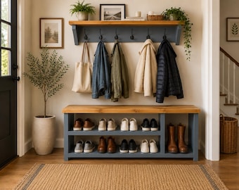 Farrow & Ball Boot and Shoe Bench with Coat Rack - Tall Boot Storage - Rustic Pine